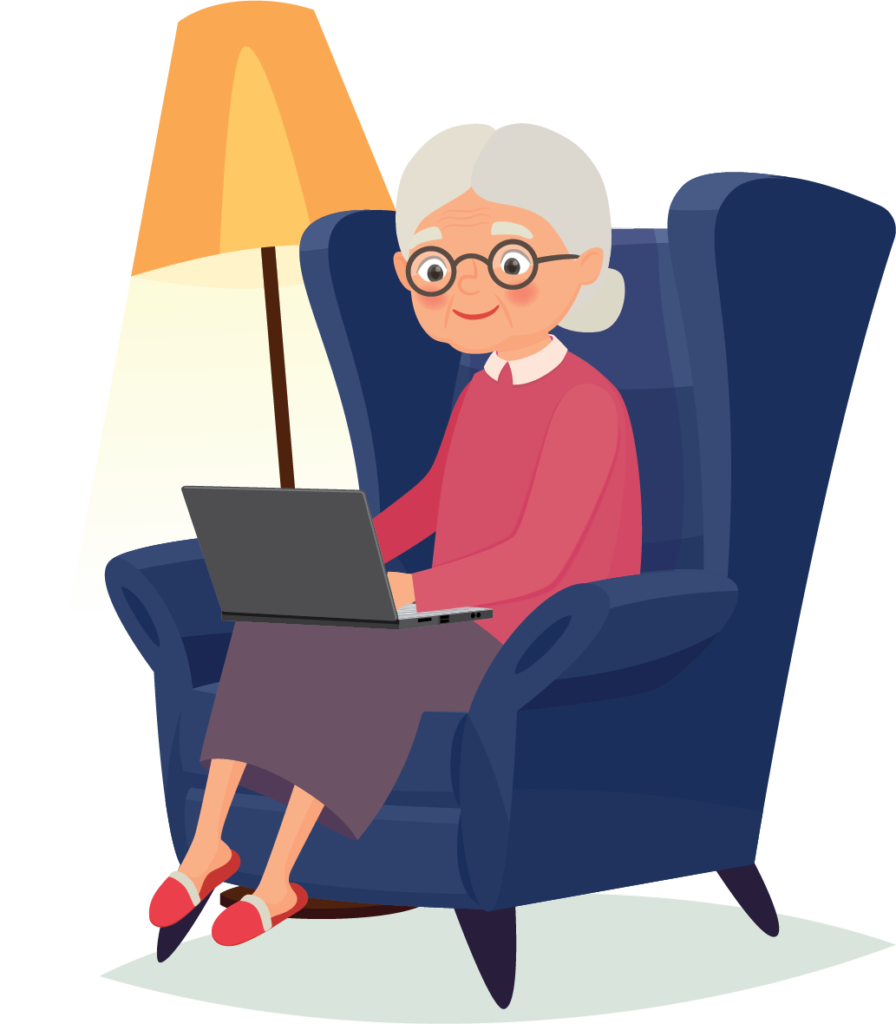Illustration of elderly lady sitting on a chair with her laptop