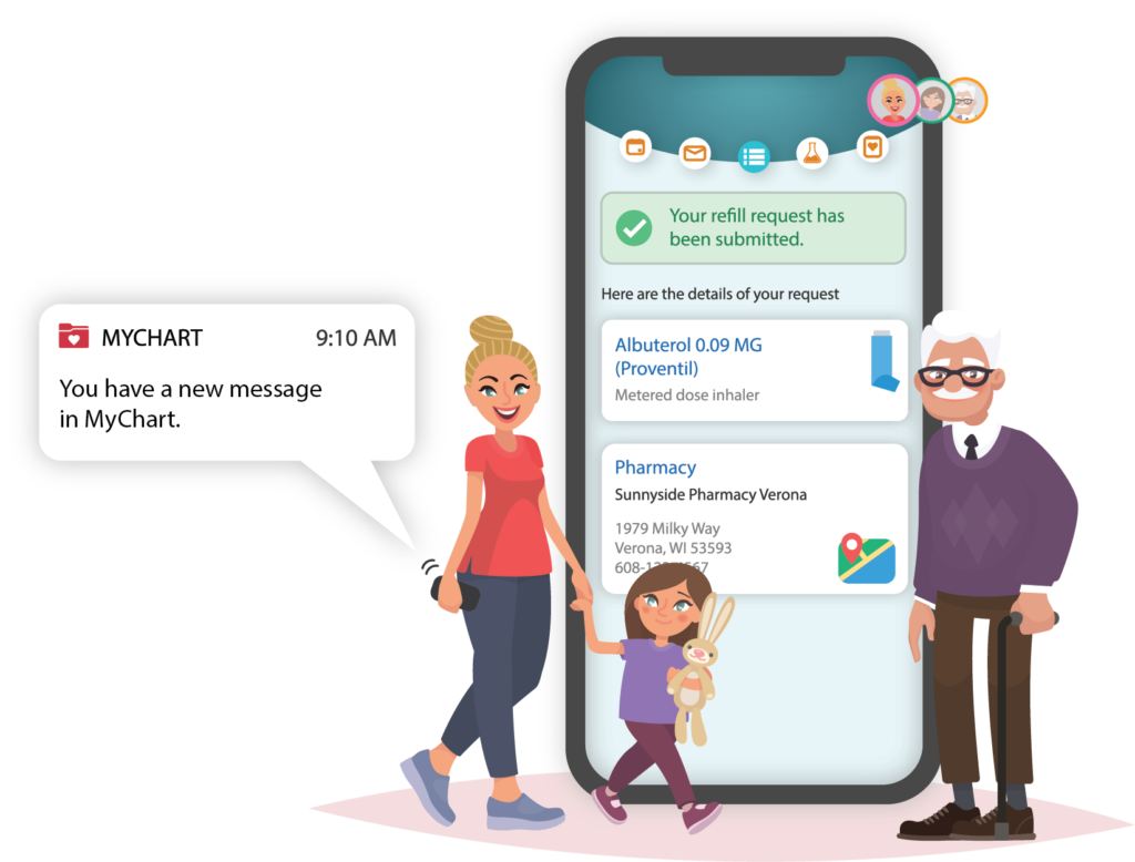 Illustration of a older man, mother, and child standing next to a phone with medical MyChart medical information displayed.