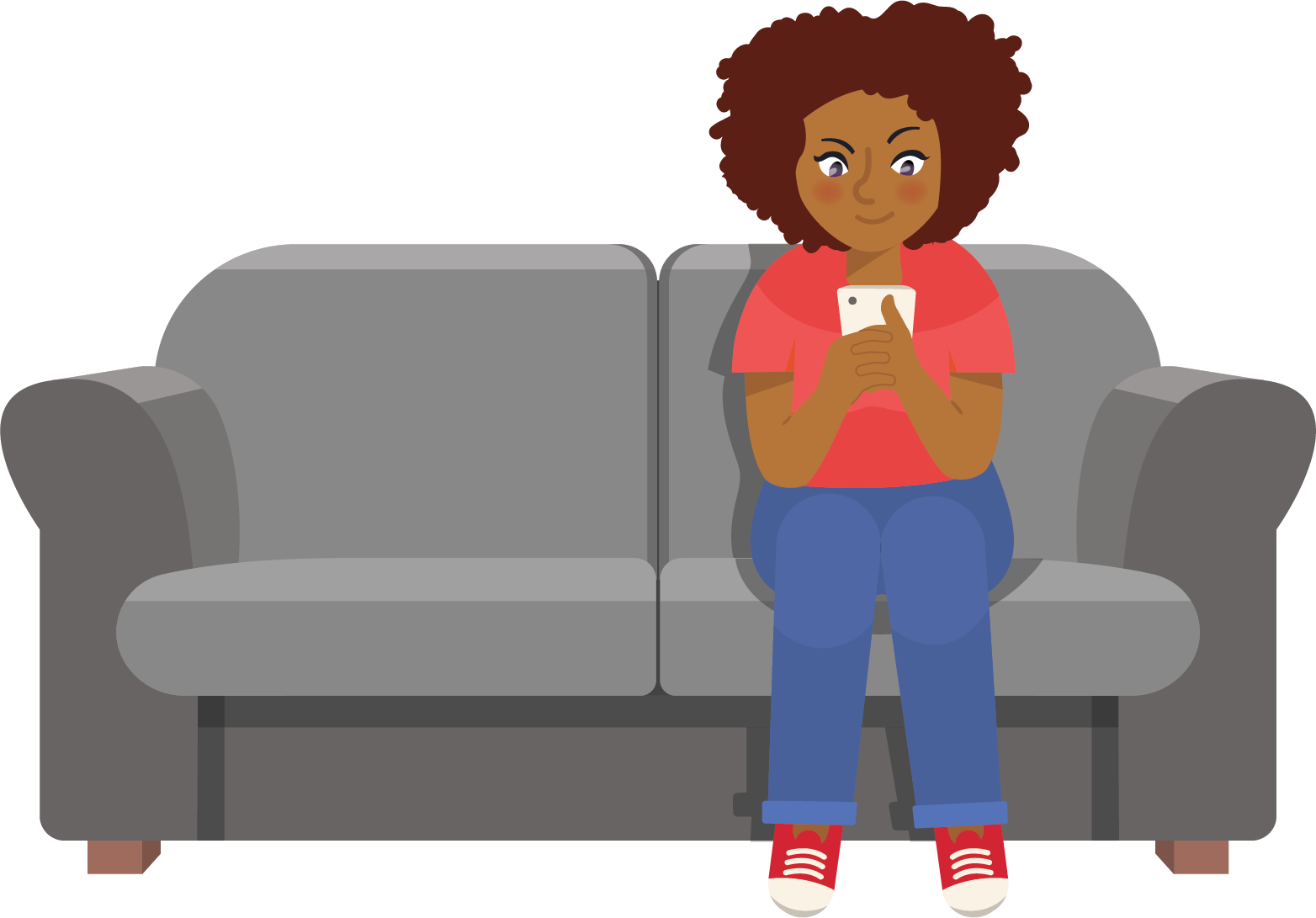 Illustration of adult women sitting on a couch on her phone.