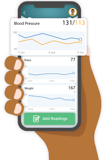 Illustration of hand holding an phone with a blood pressure reading of 131/113