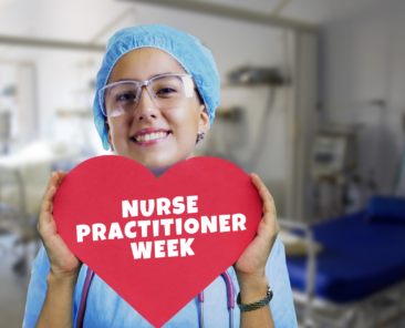 Female nurse holding heart-shaped sign reading Nurse Practitioner Week