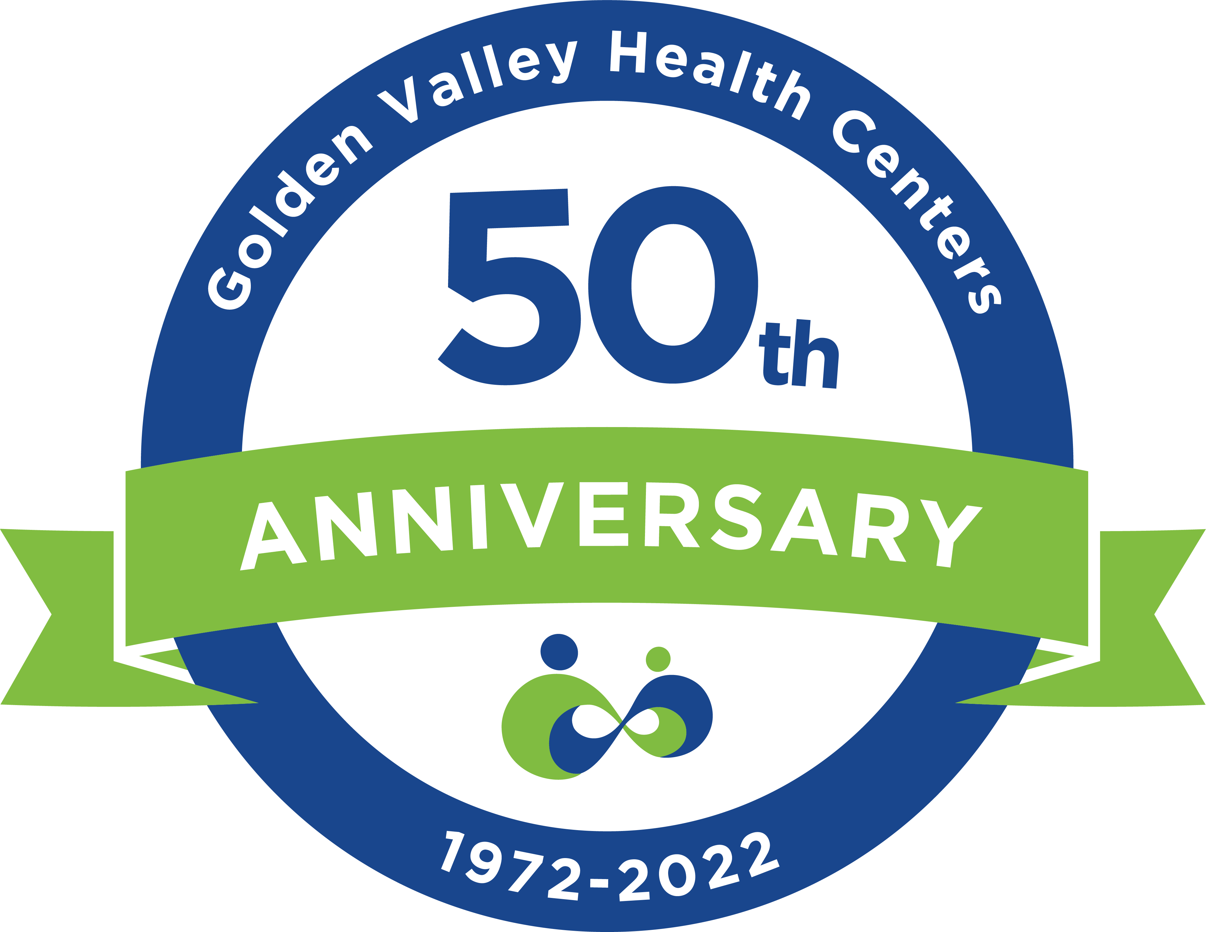 Circular blue and green logo for the Golden Valley Health Centers 50th anniversary