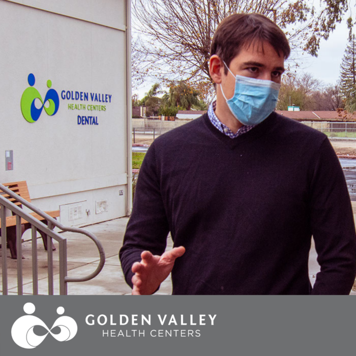 Congressman Josh Harder outside of the Golden Valley Health Centers Hanshaw school-based health center location