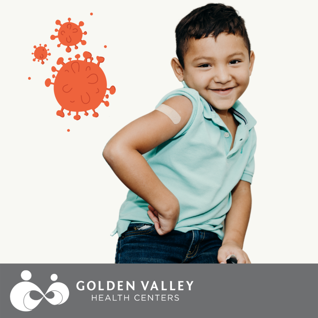 Photo of male child with a Band-Aid on his arm to illustrate the availability of COVID-19 vaccines for children ages 5-11
